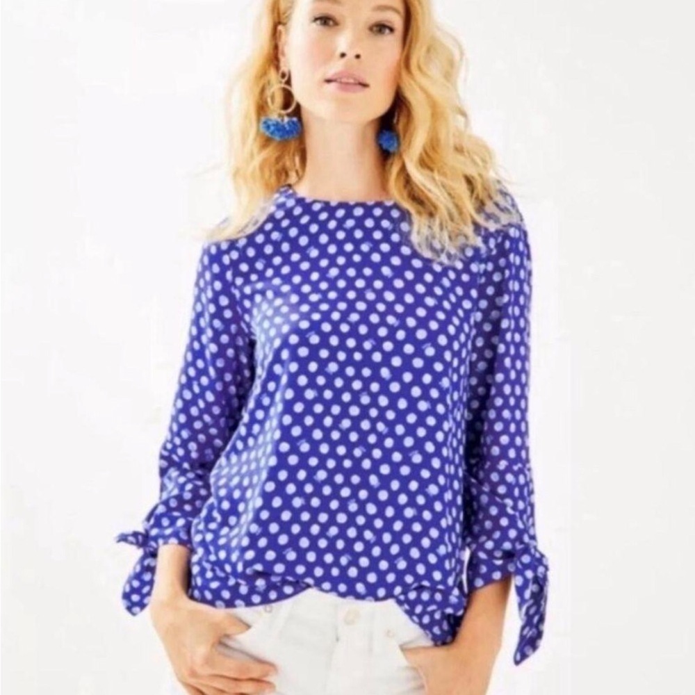 Lilly Pulitzer Royal Blue Spotted Langston Blouse with Sleeve Ties XS
